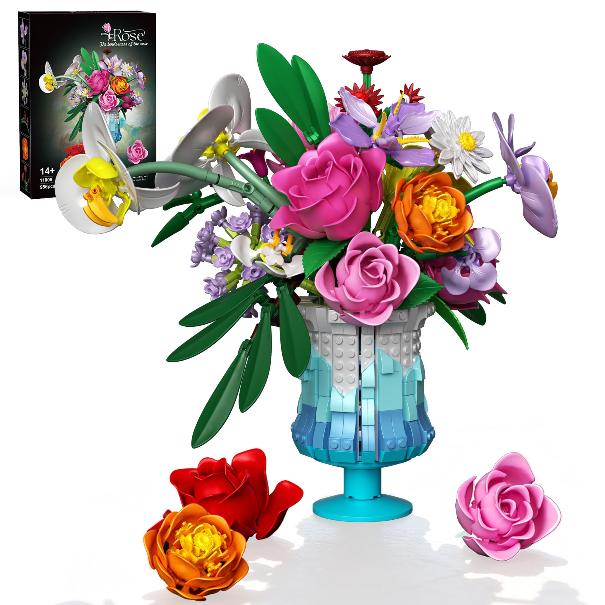 Mavo brix Flower Building Set with Vase, Artificial Botanical Rose